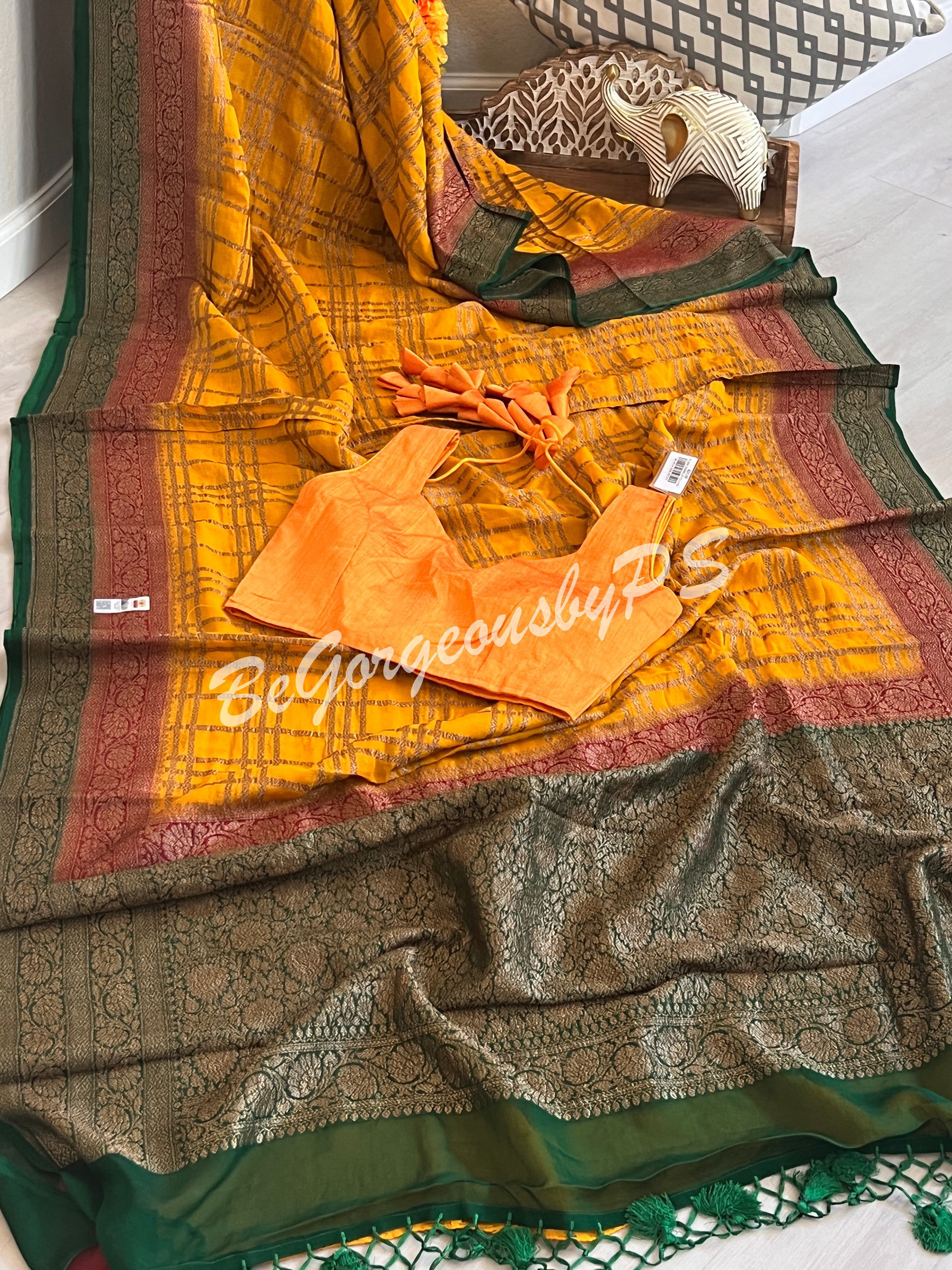 Banarasi Khaddi georgette silk with antique zari and stitched blouse - yellow