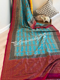 Banarasi Khaddi georgette silk with antique zari and stitched blouse - blue