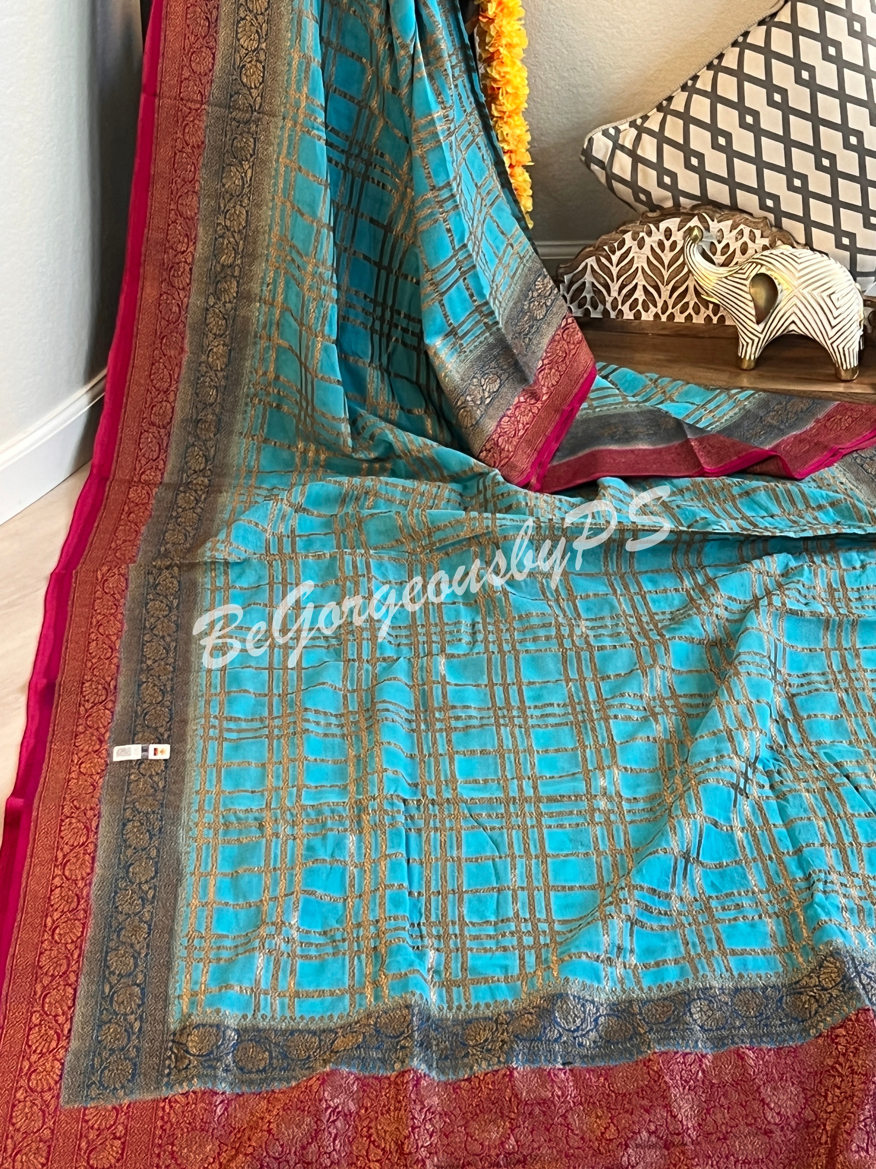 Banarasi Khaddi georgette silk with antique zari and stitched blouse - blue