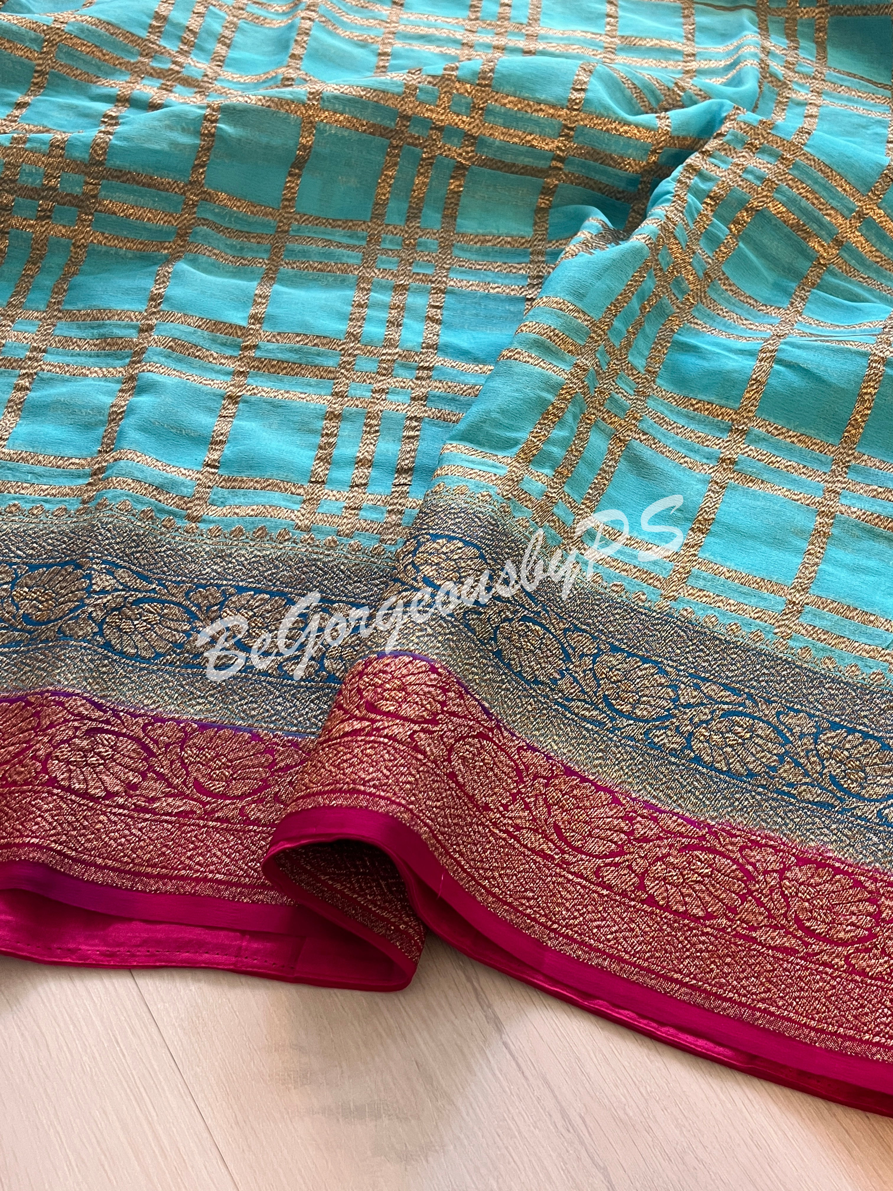 Banarasi Khaddi georgette silk with antique zari and stitched blouse - blue