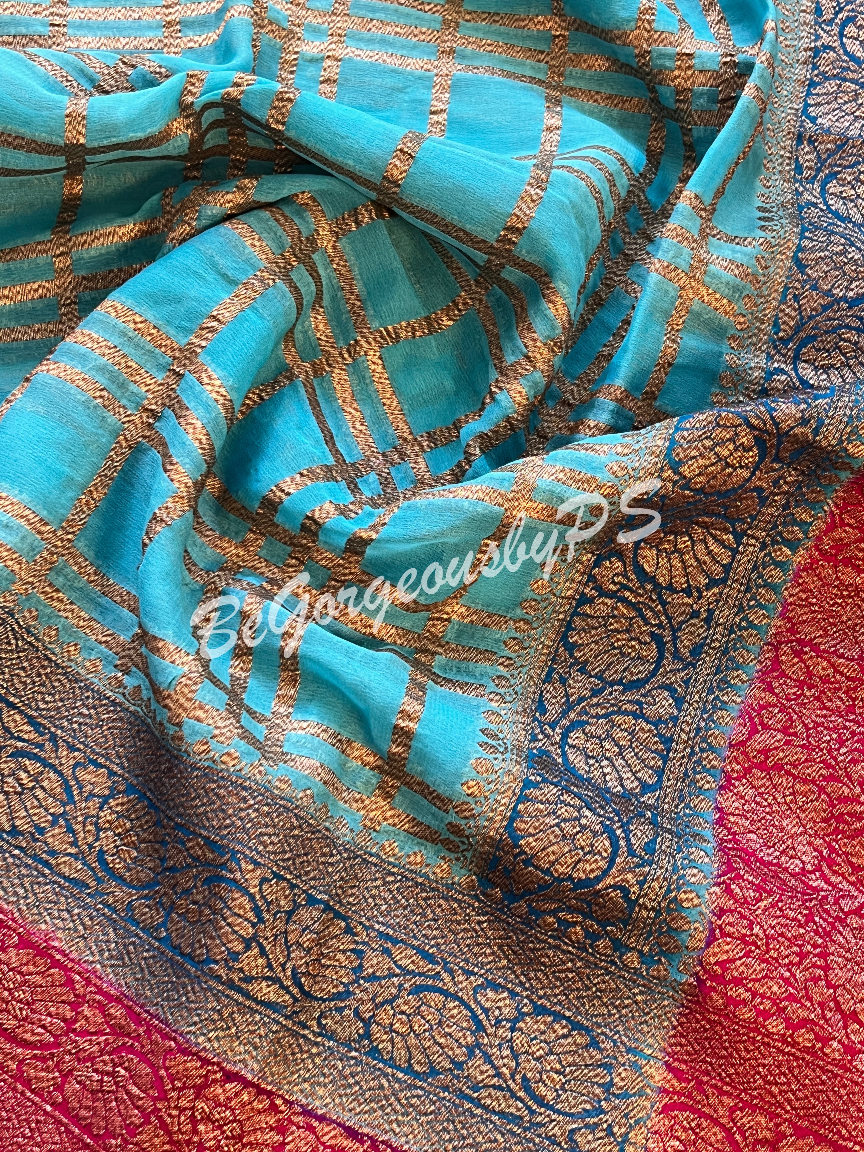 Banarasi Khaddi georgette silk with antique zari and stitched blouse - blue