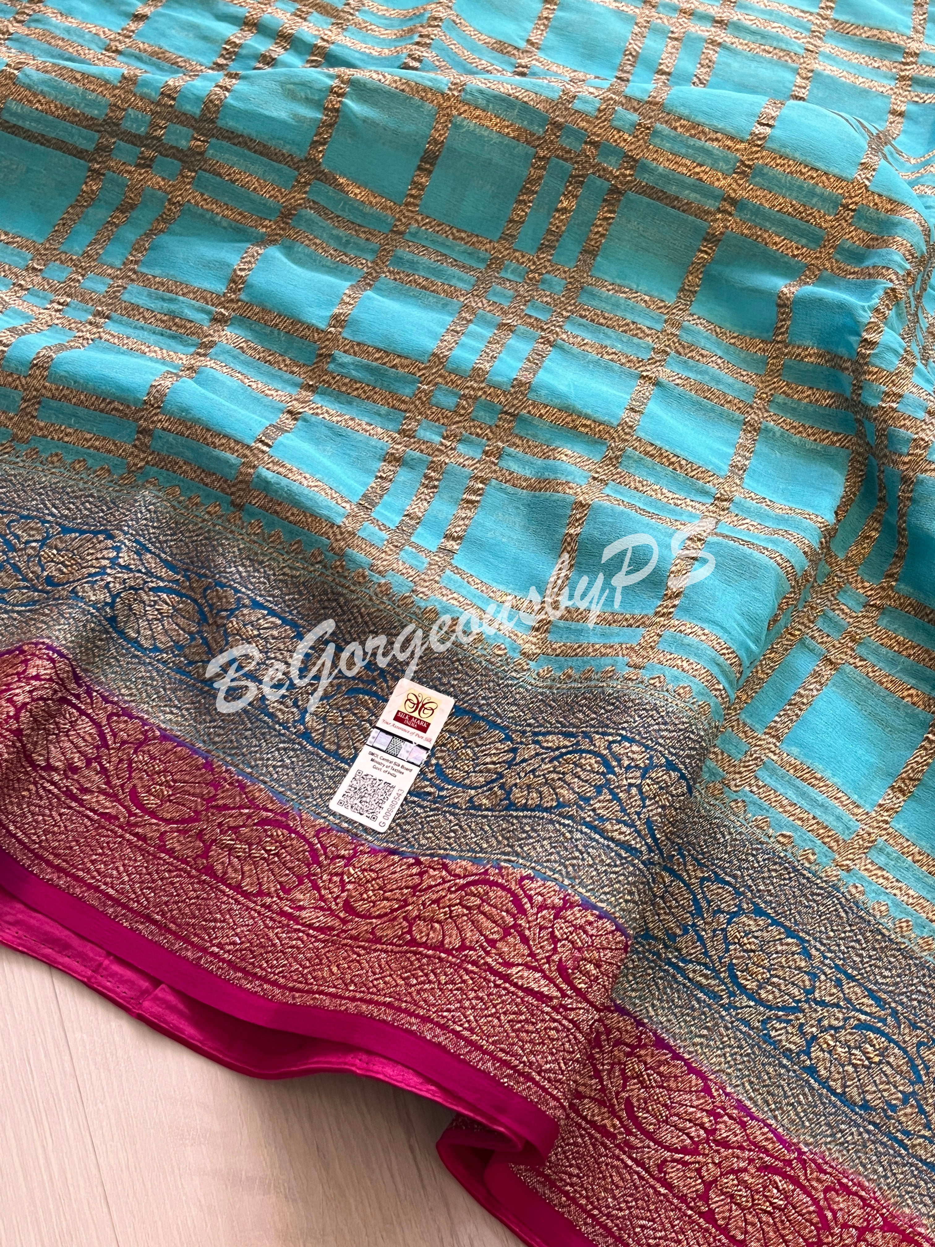 Banarasi Khaddi georgette silk with antique zari and stitched blouse - blue