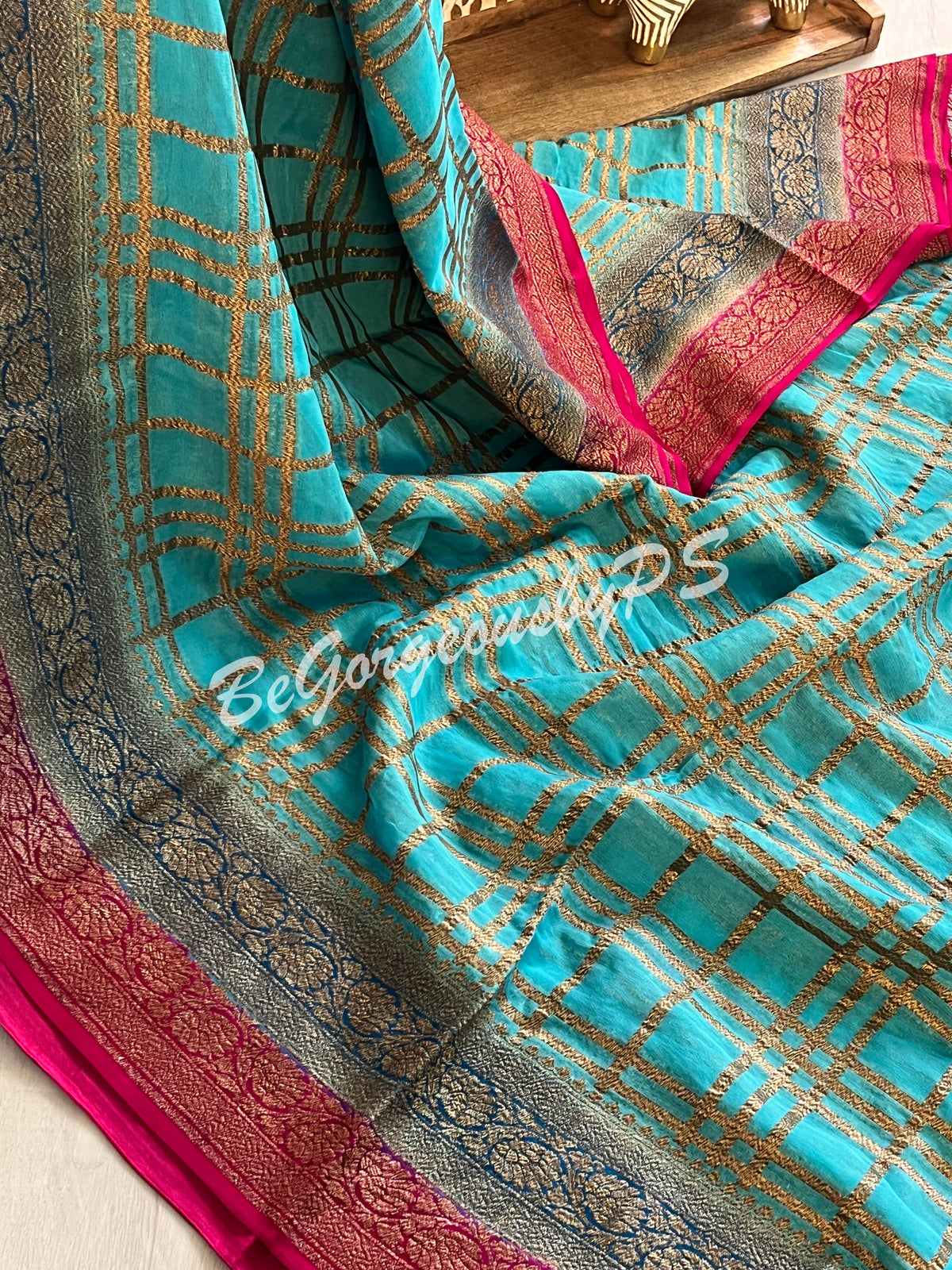 Banarasi Khaddi georgette silk with antique zari and stitched blouse - blue