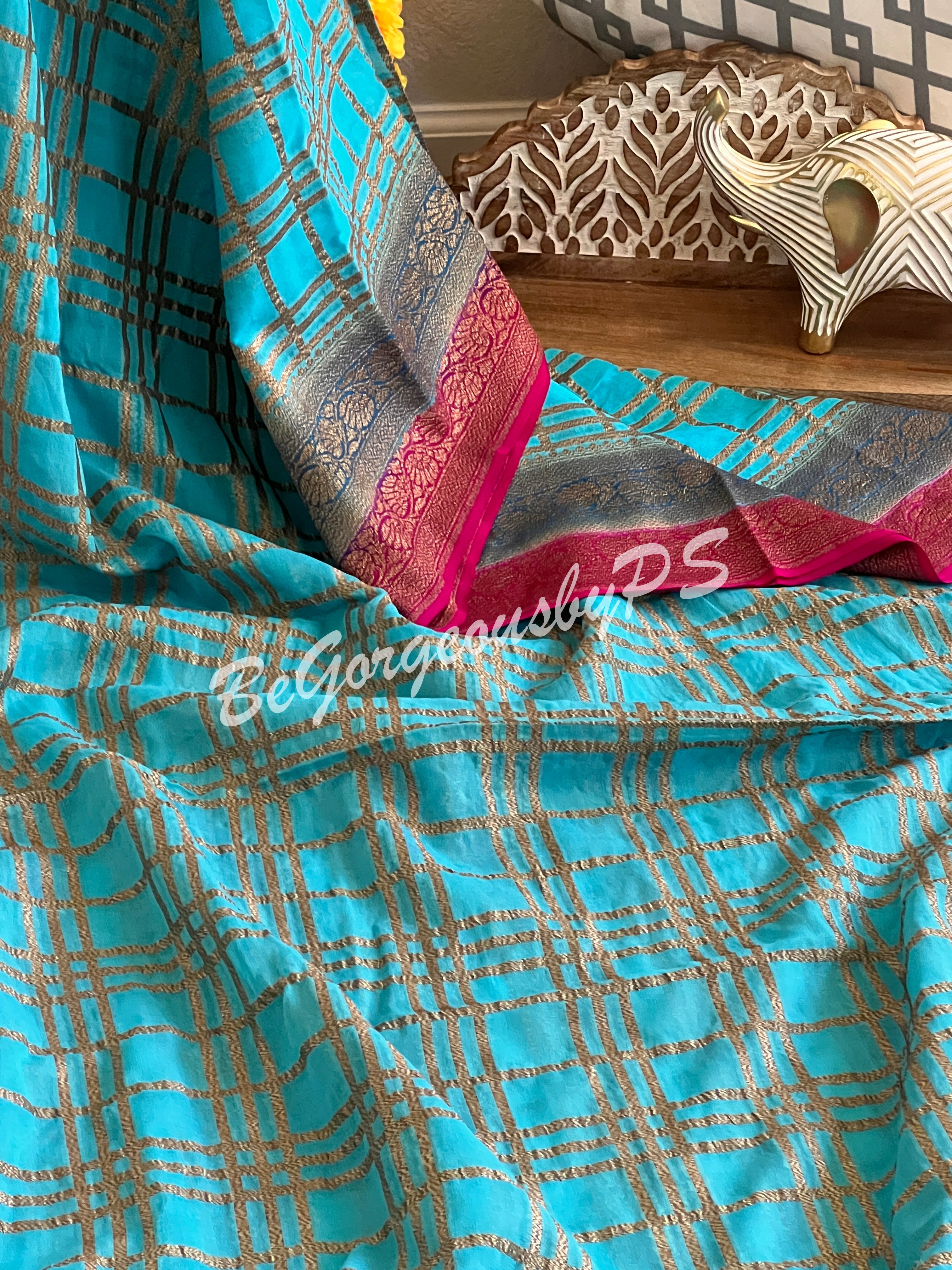 Banarasi Khaddi georgette silk with antique zari and stitched blouse - blue