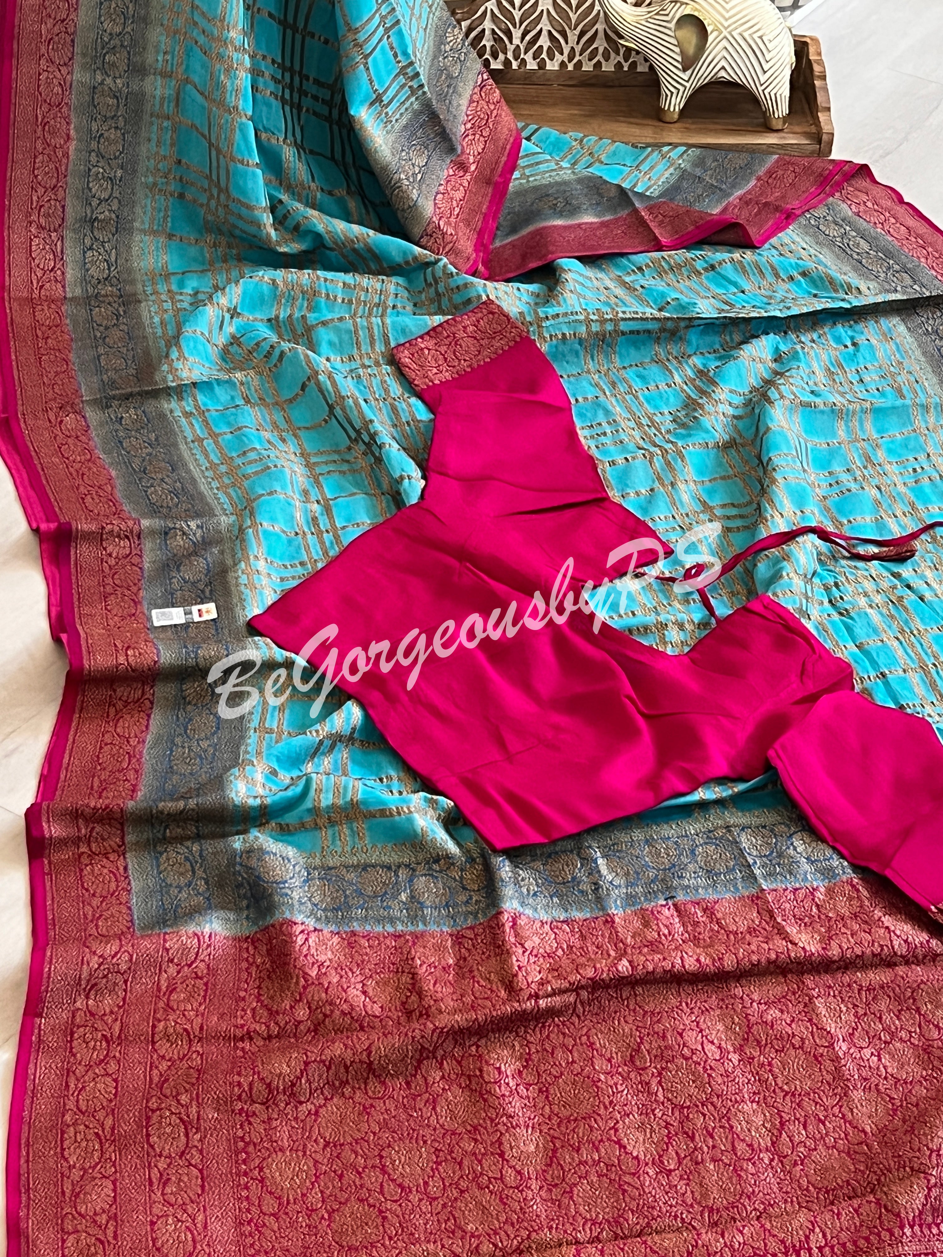 Banarasi Khaddi georgette silk with antique zari and stitched blouse - blue