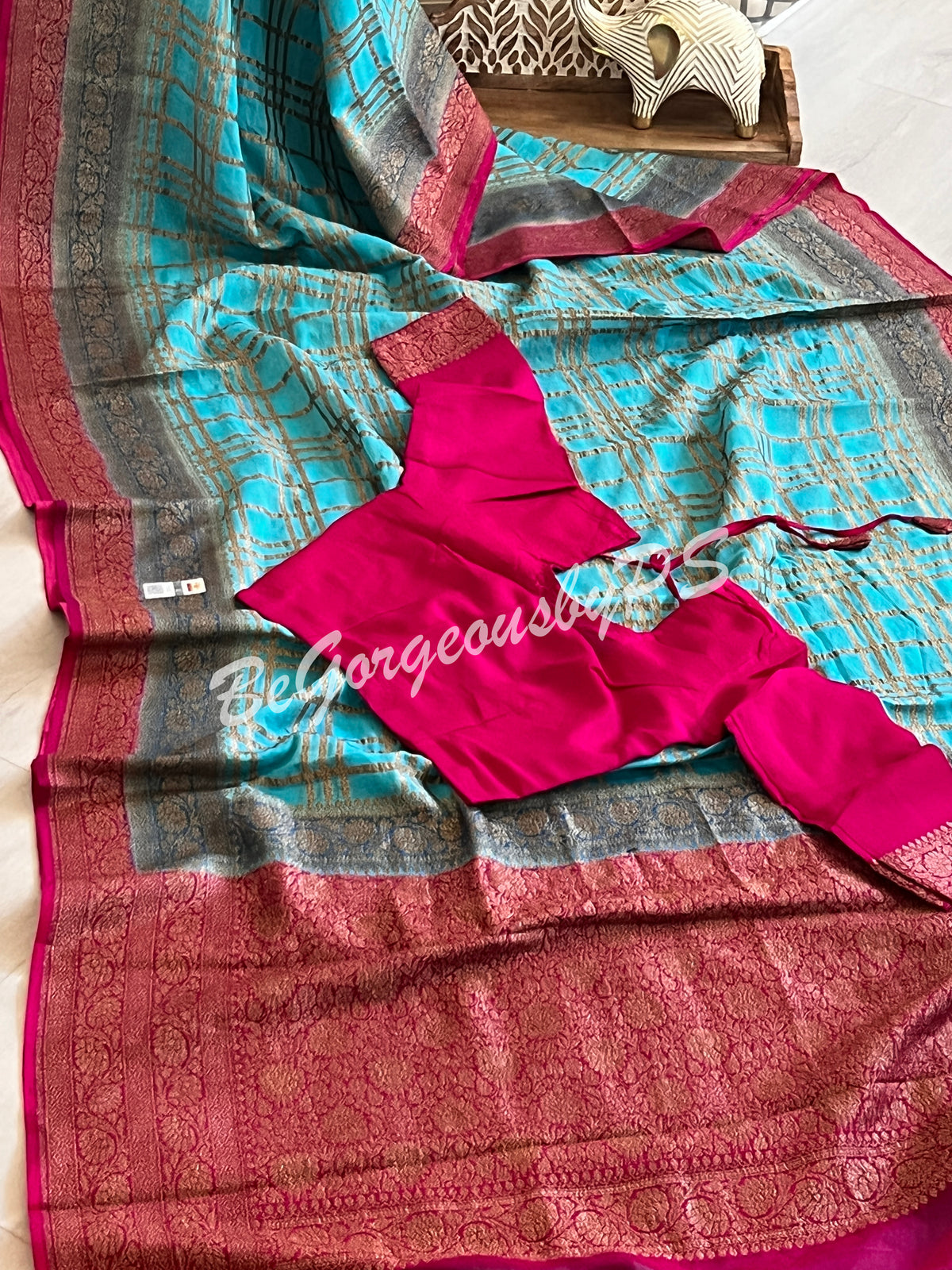 Banarasi Khaddi georgette silk with antique zari and stitched blouse - blue