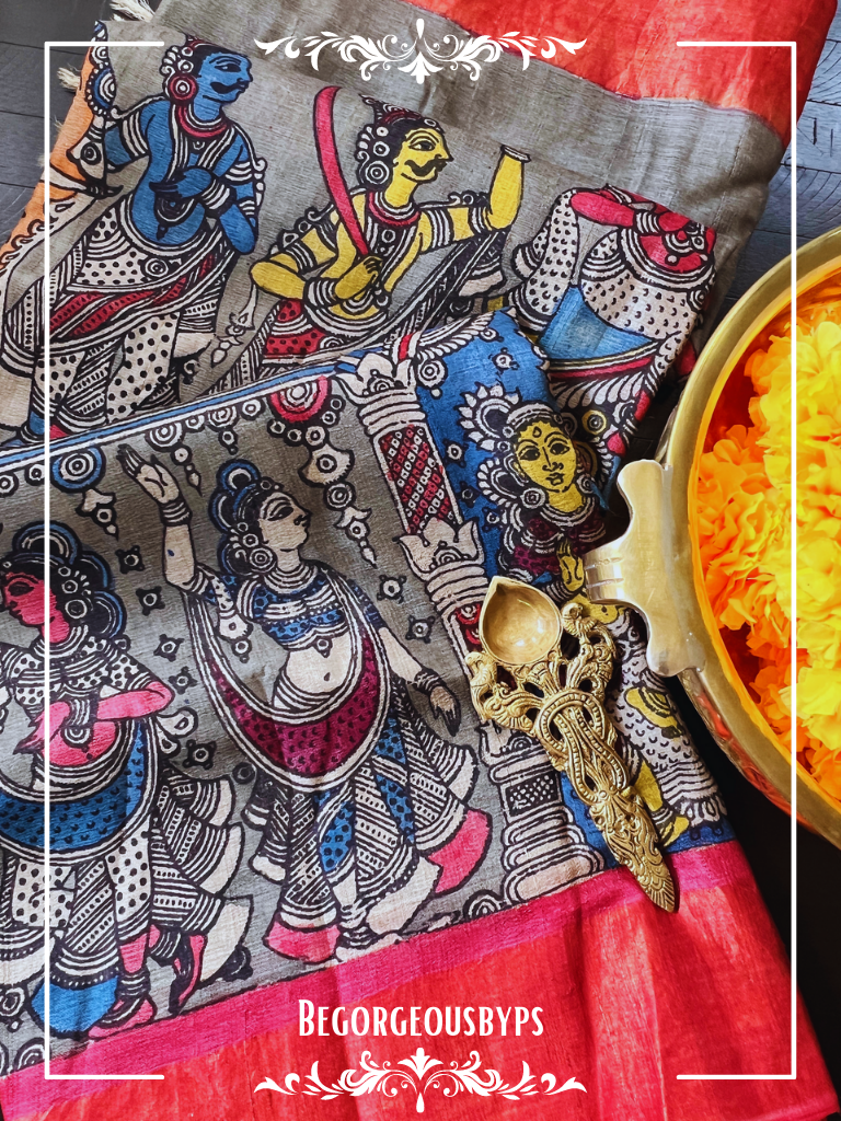 Pen Kalamkari on tussar - Blue saree