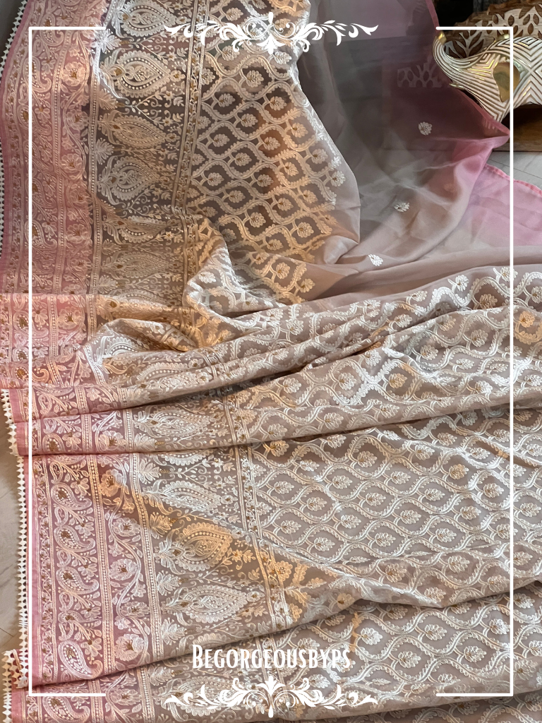 Organza with resham threadwork shaded saree color - light brown