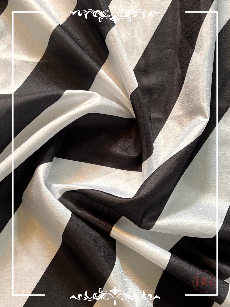 Satin black and white stripes saree with fully stitched blouse saree color - black