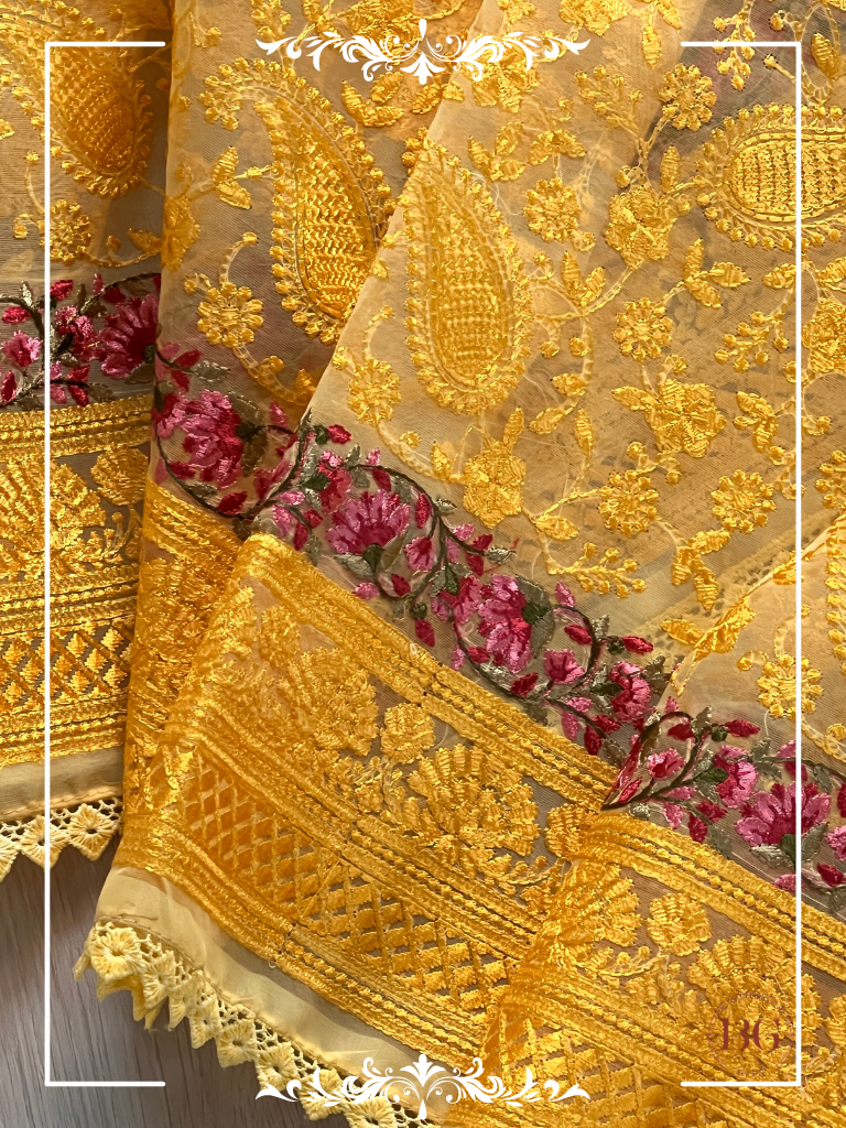 Organza with threadwork saree color - yellow