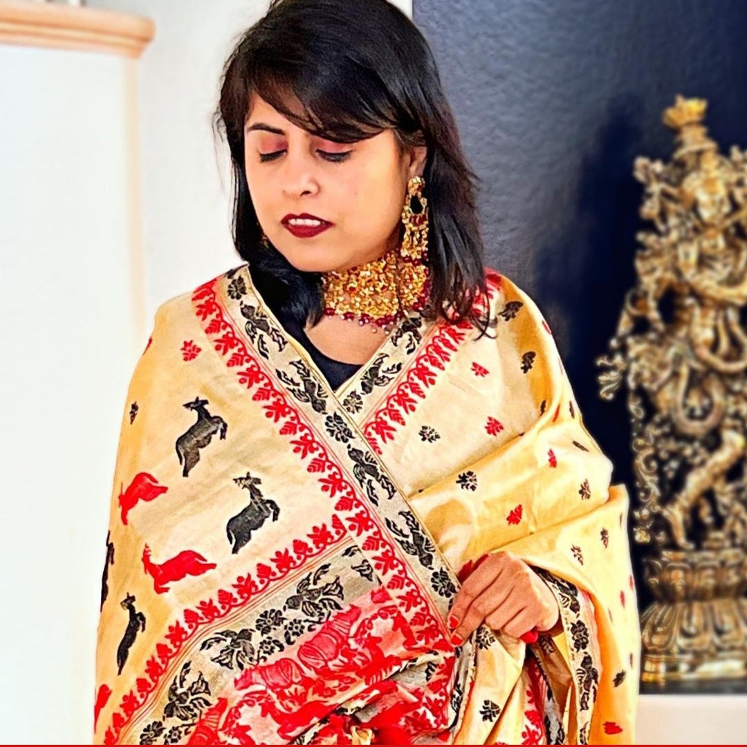 Assam Tussar Silk Saree BLACK RED GOLD