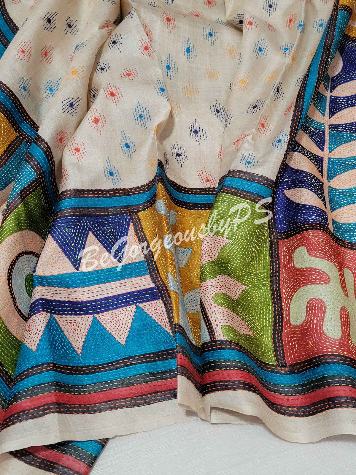 Kantha stitch saree on pure tussar silk